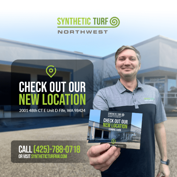 Synthetic Turf Northwest - New Fife, WA location open. Man holding a postcard that has the image of synthetic turf nw warehouse on it. INclude now open and the address. Phone number is 4257880718